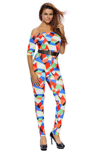 Multicolor Geometric Print Belted Off Shoulder Jumpsuit