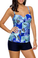 Multiple Blue Leaf Print Swimdress Tankini and Shorts