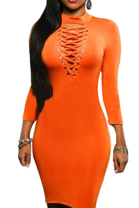 Mustard Grommet Lace Up Front Sleeved Bodycon Dress