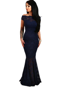 Navy Bardot Lace Fishtail Maxi Dress