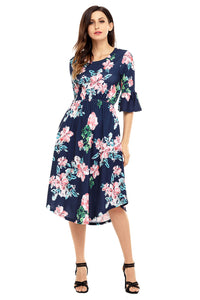 Sexy Navy Blue 3/4 Bell Sleeve Floral Midi Dress
