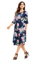 Sexy Navy Blue 3/4 Bell Sleeve Floral Midi Dress