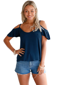 Navy Blue Crisscross Back Ruffle Cold Shoulder Top