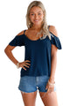 Navy Blue Crisscross Back Ruffle Cold Shoulder Top