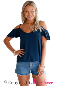 Navy Blue Crisscross Back Ruffle Cold Shoulder Top