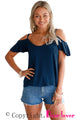 Navy Blue Crisscross Back Ruffle Cold Shoulder Top