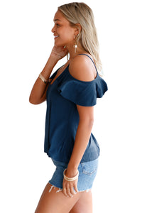 Navy Blue Crisscross Back Ruffle Cold Shoulder Top