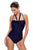 Navy Blue Double Halterneck Ruched One Piece Swimsuit