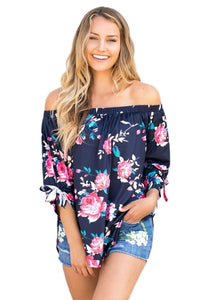 Navy Blue Floral Elastic Off Shoulder Top