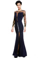 Navy Blue Long Sleeves Lace Insert Party Gown