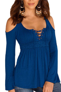 Navy Blue Sexy Lace Up Cold Shoulder Flare Blouse