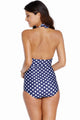 Navy Blue Vintage Halter Monokini White Polka Swimsuit