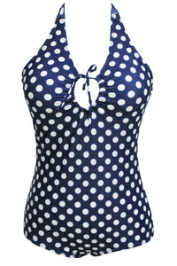 Navy Blue Vintage Halter Monokini White Polka Swimsuit