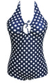 Navy Blue Vintage Halter Monokini White Polka Swimsuit