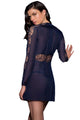 Navy Lace Chiffon Long Sleeve Babydoll with G-string