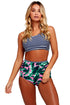 Navy Striped Crop Top and Leaf Print High Waist Swimsuit