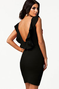 Noble Black Textured Bodycon Dress with Ruffled Backless
