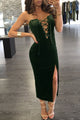 Olive Green Velvet Lace up Strapless Slit Dress