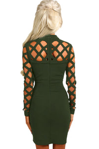 Olive Hollow-out Long Sleeve Mock Neck Bodycon Dress