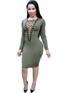 Olive Lace-up V Neck Long Sleeve Bodycon Dress