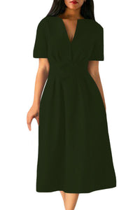 Olive Split Neck Short Sleeve Midi Dress with Bowknots