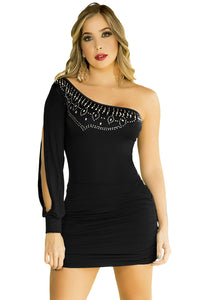 One Shoulder Bejeweled Long Sleeve Fitted Club Mini Dress