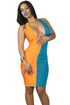 Orange Blue Block Plunging Neck Bodycon Dress