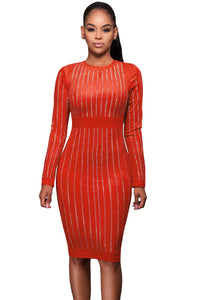 Orange Faux Suede Rhinestone Front Long Sleeves Dress