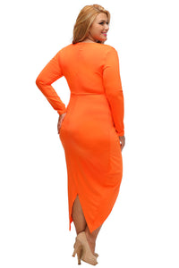 Orange Knotted Slit Long Sleeve Plus Dress
