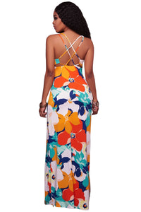 Orangish Multi-color Floral Print Crisscross Back Maxi Dress