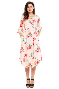 Pink 3/4 Bell Sleeve Floral Midi Dress