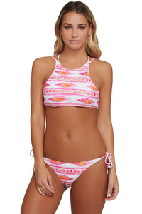 Pink Geometric Print Strappy Back High Neck Swimsuit