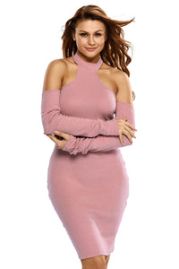 Pink Knit Ribbed Choker Off Shoulder Dress
