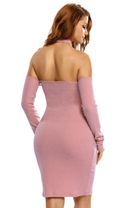 Pink Knit Ribbed Choker Off Shoulder Dress