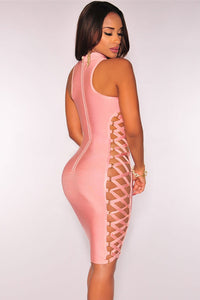 Pink Lace up Contour Bandage Dress