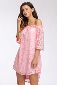 Sexy Pink Off The Shoulder 3/4 Sleeve Floral Lace Dress
