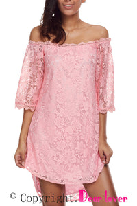Sexy Pink Off The Shoulder 3/4 Sleeve Floral Lace Dress