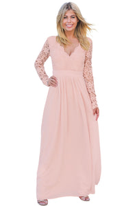 Pink Open Back Long Sleeve Crochet Maxi Party Dress