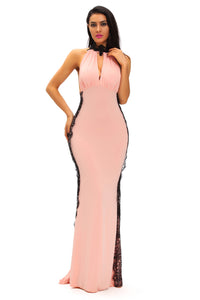Pink Peekaboo Halterneck Lace Trim Party Gown