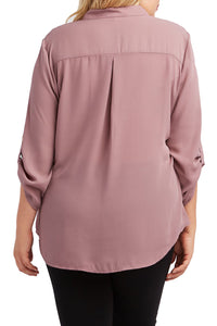 Pink Plus Size Caged Shoulder Split Collar Blouse
