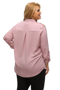 Pink Plus Size Caged Shoulder Split Collar Blouse