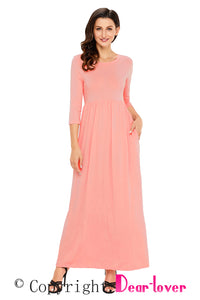 Sexy Pink Pocket Design 3/4 Sleeves Maxi Dress