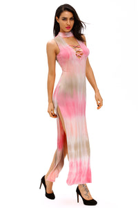 Pinkish Tie Dye Print Sexy Cutout Maxi Dress
