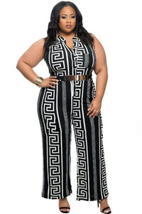 Plus Size Black Print Gold Belted Jumpsuit