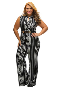 Plus Size Black Print Gold Belted Jumpsuit