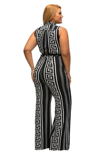 Plus Size Black Print Gold Belted Jumpsuit