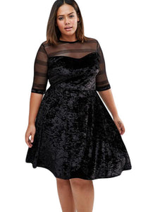 Plus Size Mesh Insert Black Velvet Swing Dress