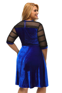 Plus Size Mesh Insert Blue Velvet Swing Dress