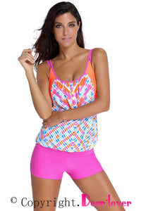 Printed Layered-Style Rosy Tankini with Swim Trunks