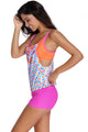 Printed Layered-Style Rosy Tankini with Swim Trunks